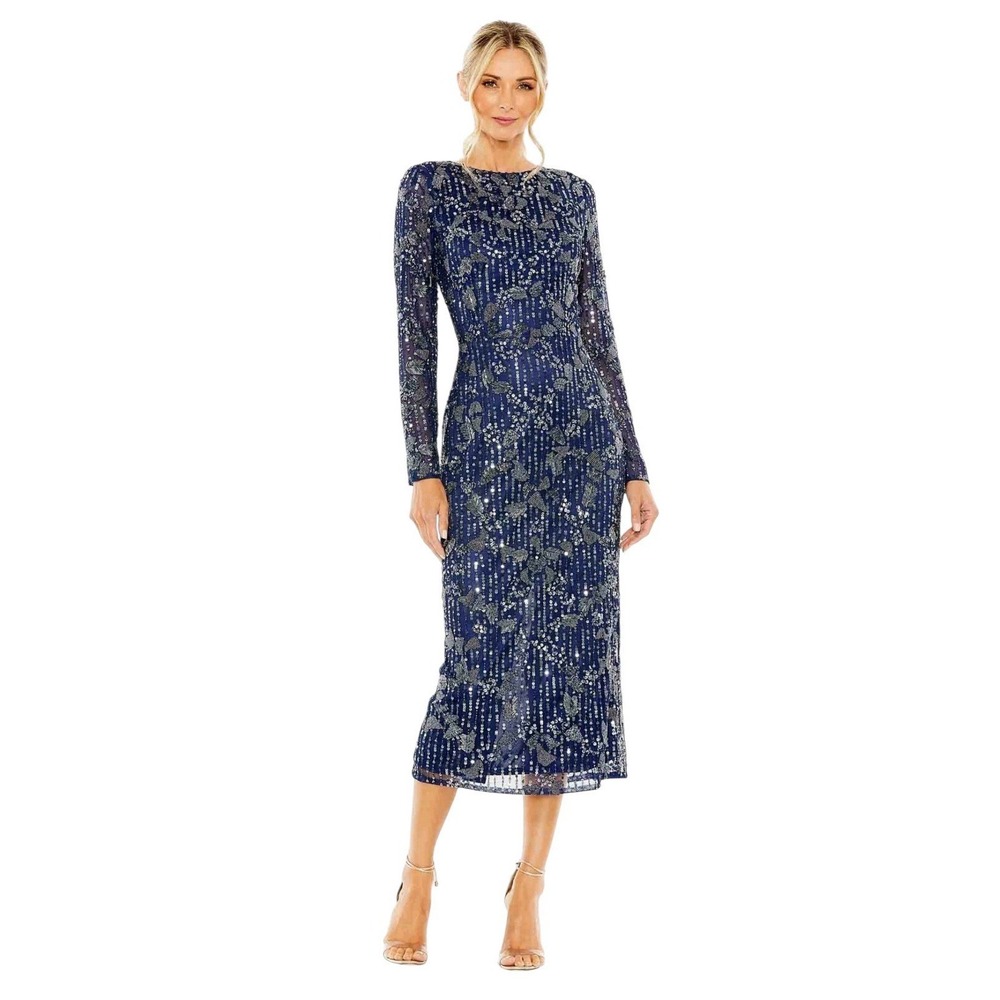 Mac Duggal 5988 Midnight Beaded Sequin Midi Dress Long Sleeve Size 10 $498